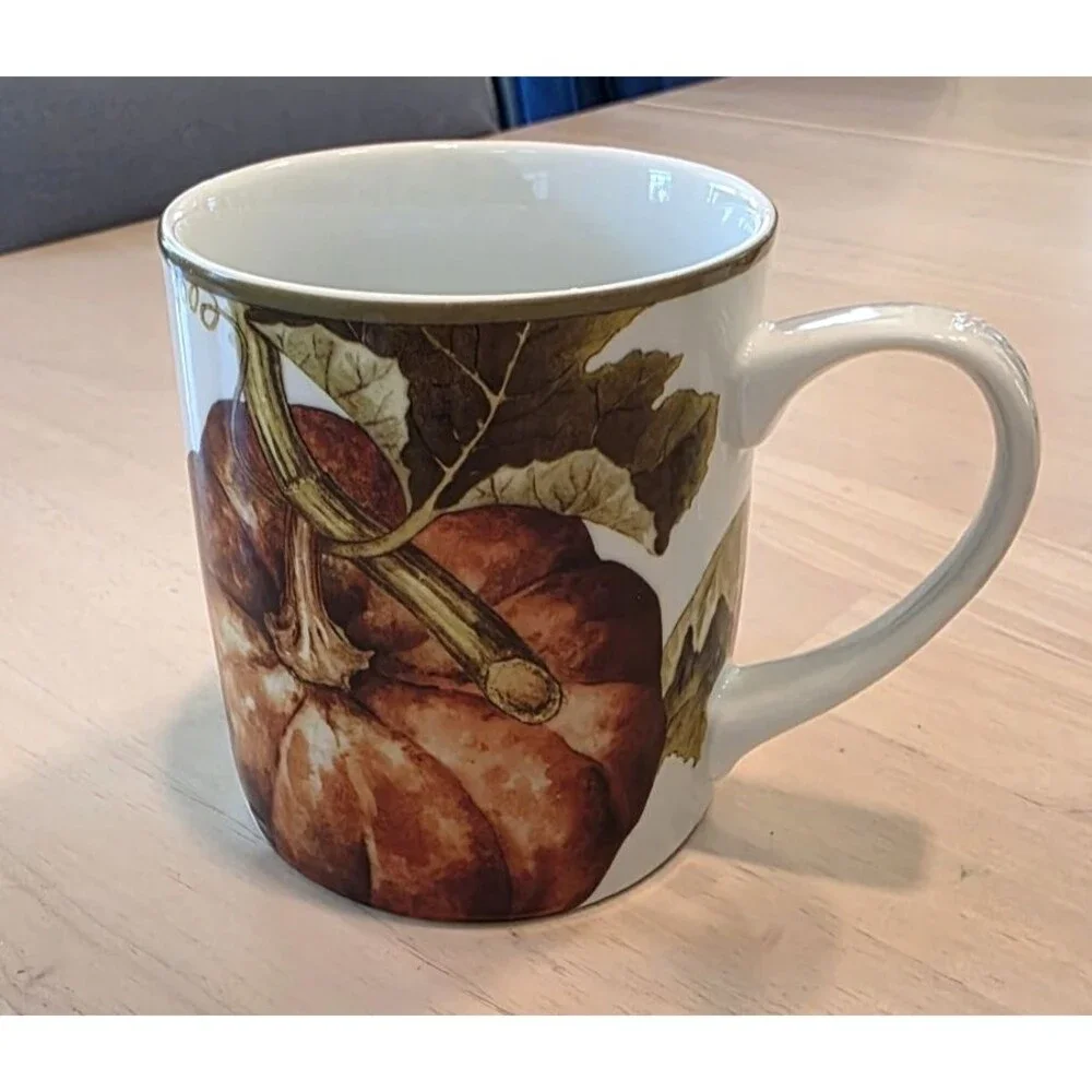 WILLIAMS-SONOMA LARGE COFFEE MUG SQUASH/ FLOWER MOTIF 4”